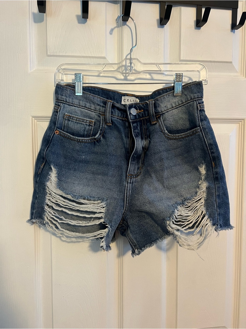 Cello Distressed Blue Denim High-Rise Jean Shorts